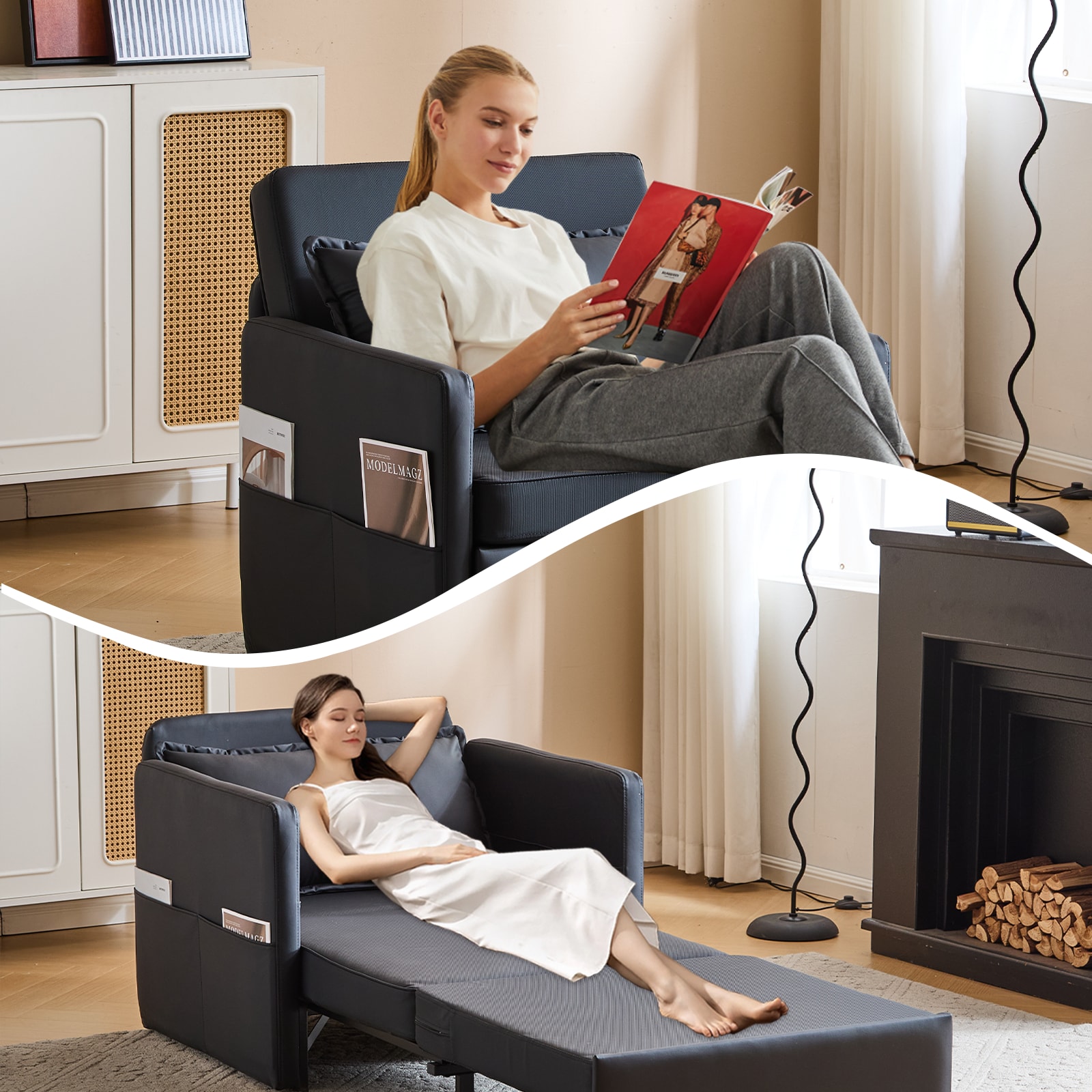 Sleeper Chair Bed, 3-in-1 Convertible Sofa Bed Pull-out Sofa Bed, Convenient Folding Tray Table With USB And Type-C Charging Ports,BLACK,Leather_voghion.com